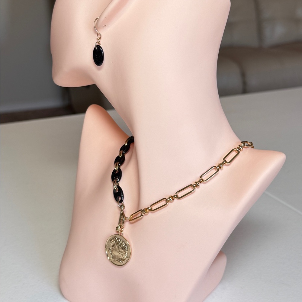 Gold and Black Chain Link Coin Necklace with Matching Drops Earrings - Picture 7 of 11
